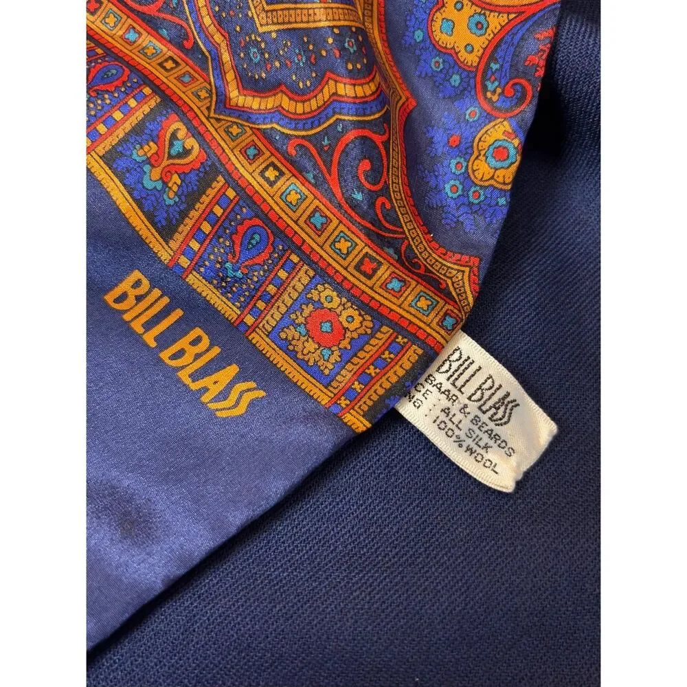 80s Vintage Bill Blass Navy + Orange Patterned 100% Silk + Wool Rectangle Scarf